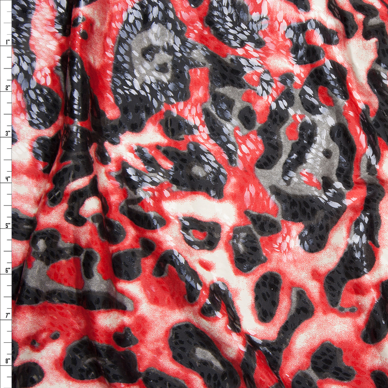 Cali Fabrics Red, Grey, and Vlack Leopard Print Poly Knit with Gloss ...
