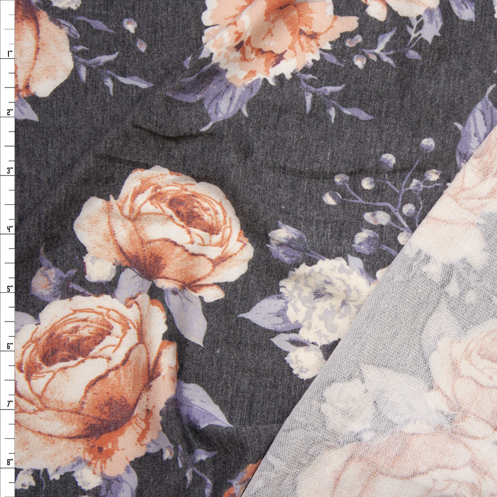 Cali Fabrics Soft Peach and Grey Rose Floral on Charcoal French - Main Image