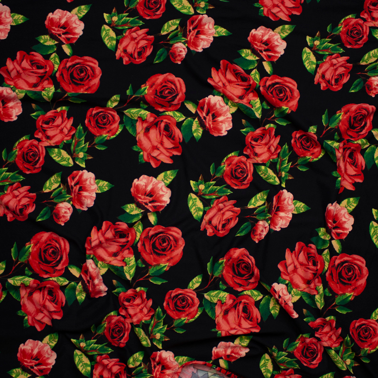 Cali Fabrics Red Roses with Green Leaves on Black Double Brushed Poly ...