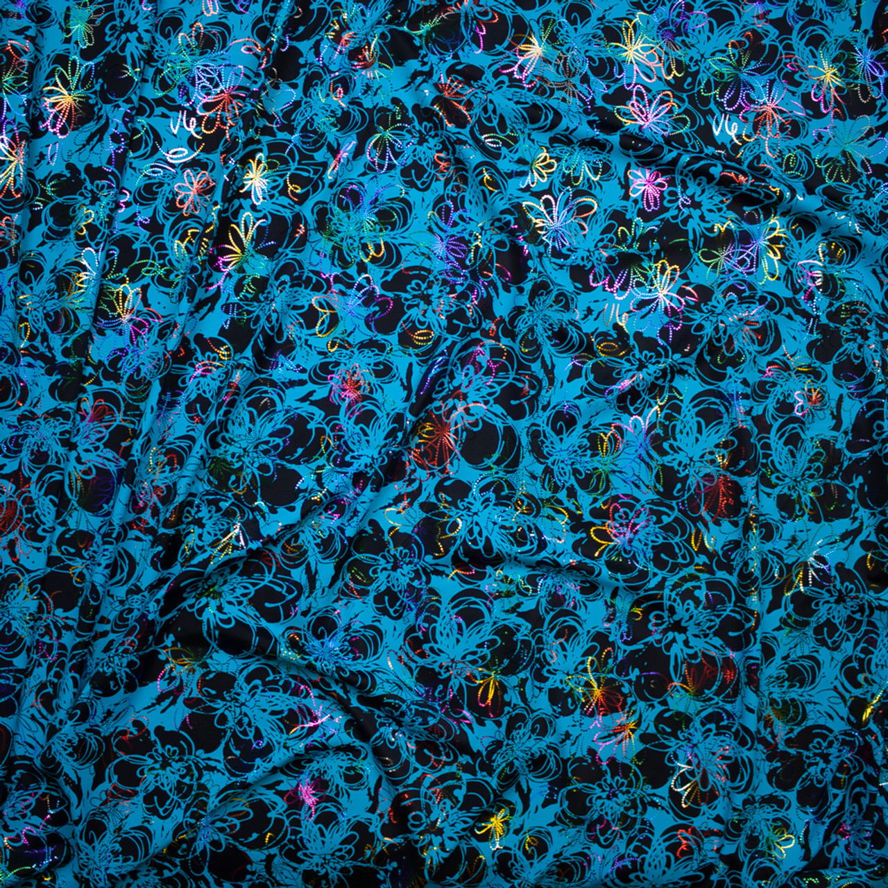 Cali Fabrics Turquoise and black spiral flowers with rainbow metallic ...