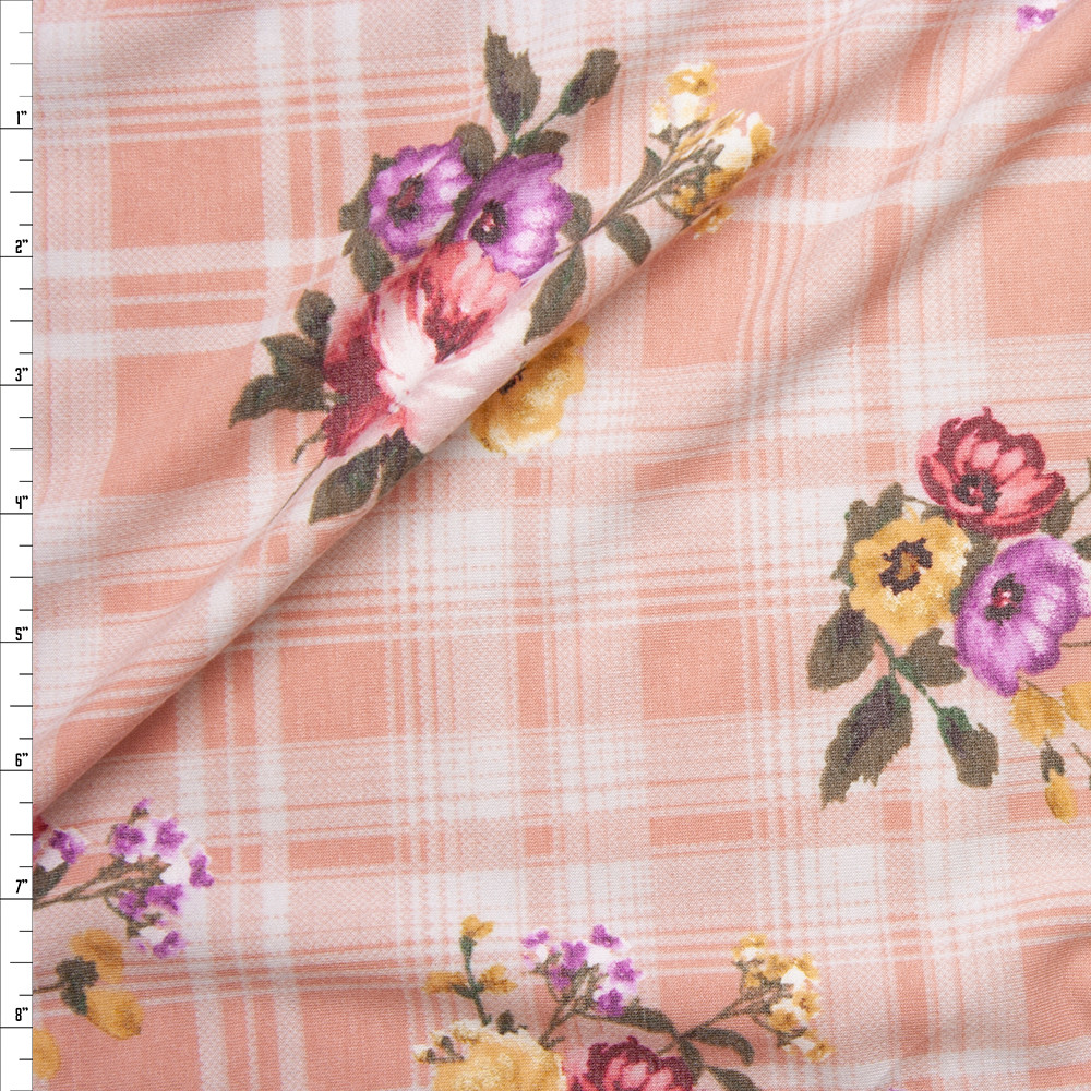 Cali Fabrics Spring Floral on Light Pink Plaid Lightweight Stretch