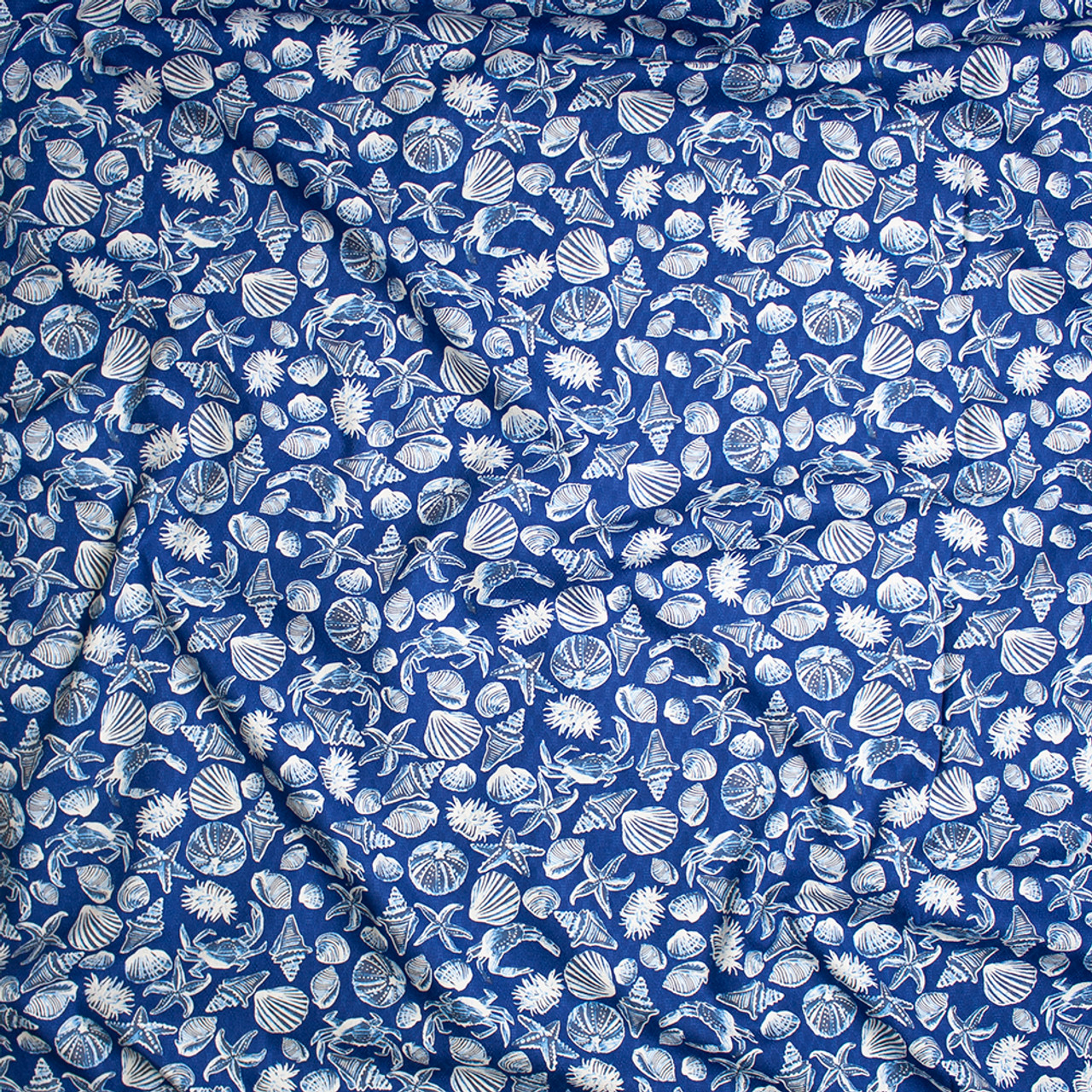 Cali Fabrics Midnight, Light Blue, and Ivory Seashells on Navy Blue ...