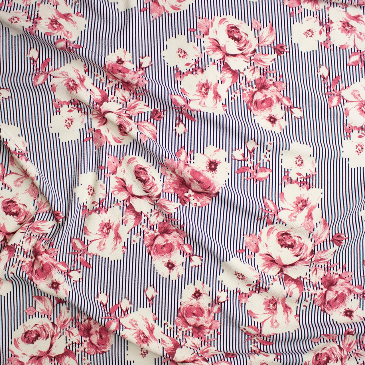 Cali Fabrics Pink and Ivory Flowers on Black and White Vertical Stripes ...