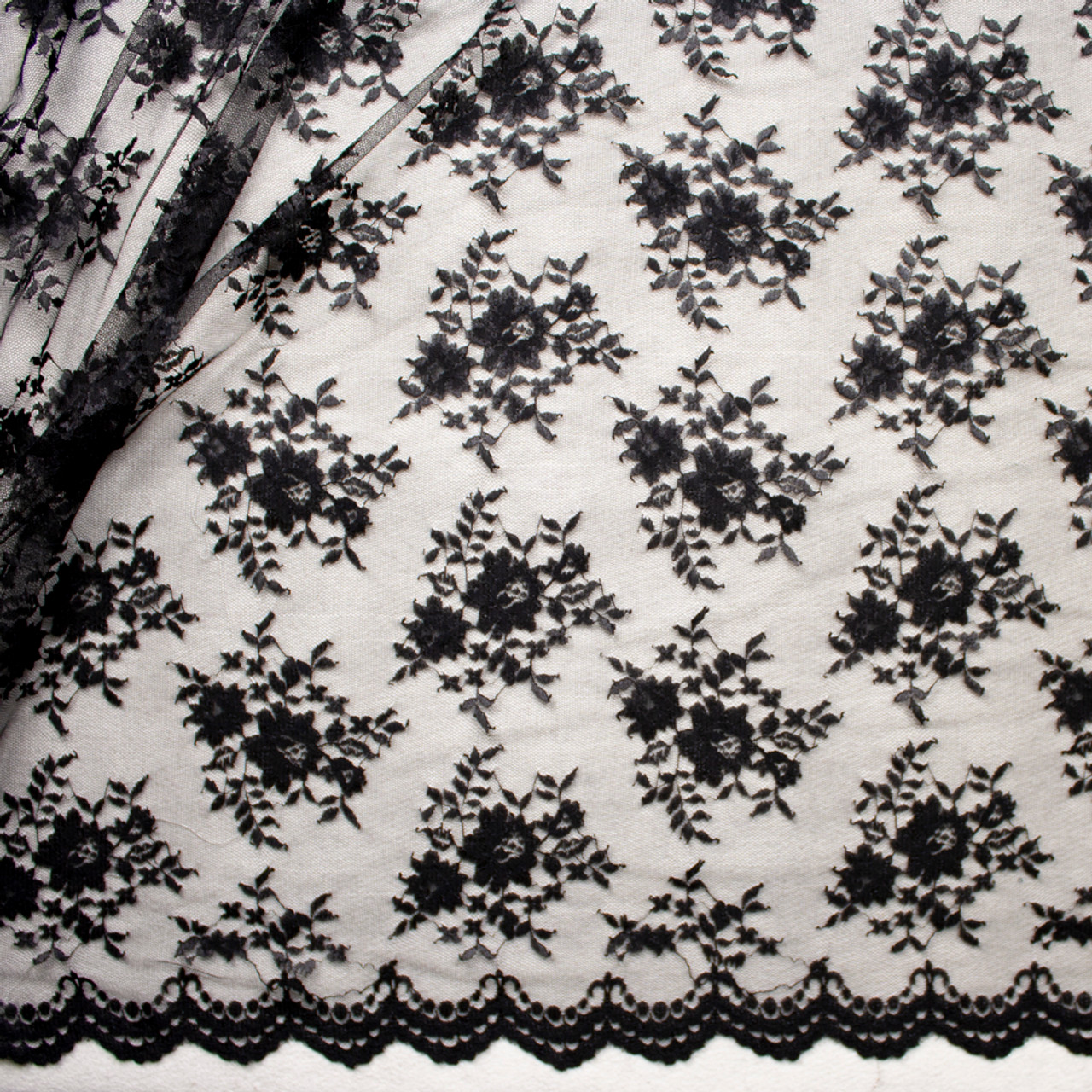 Black Silk Chantilly Lace Fabric: 100% Silk Fabrics from Italy by