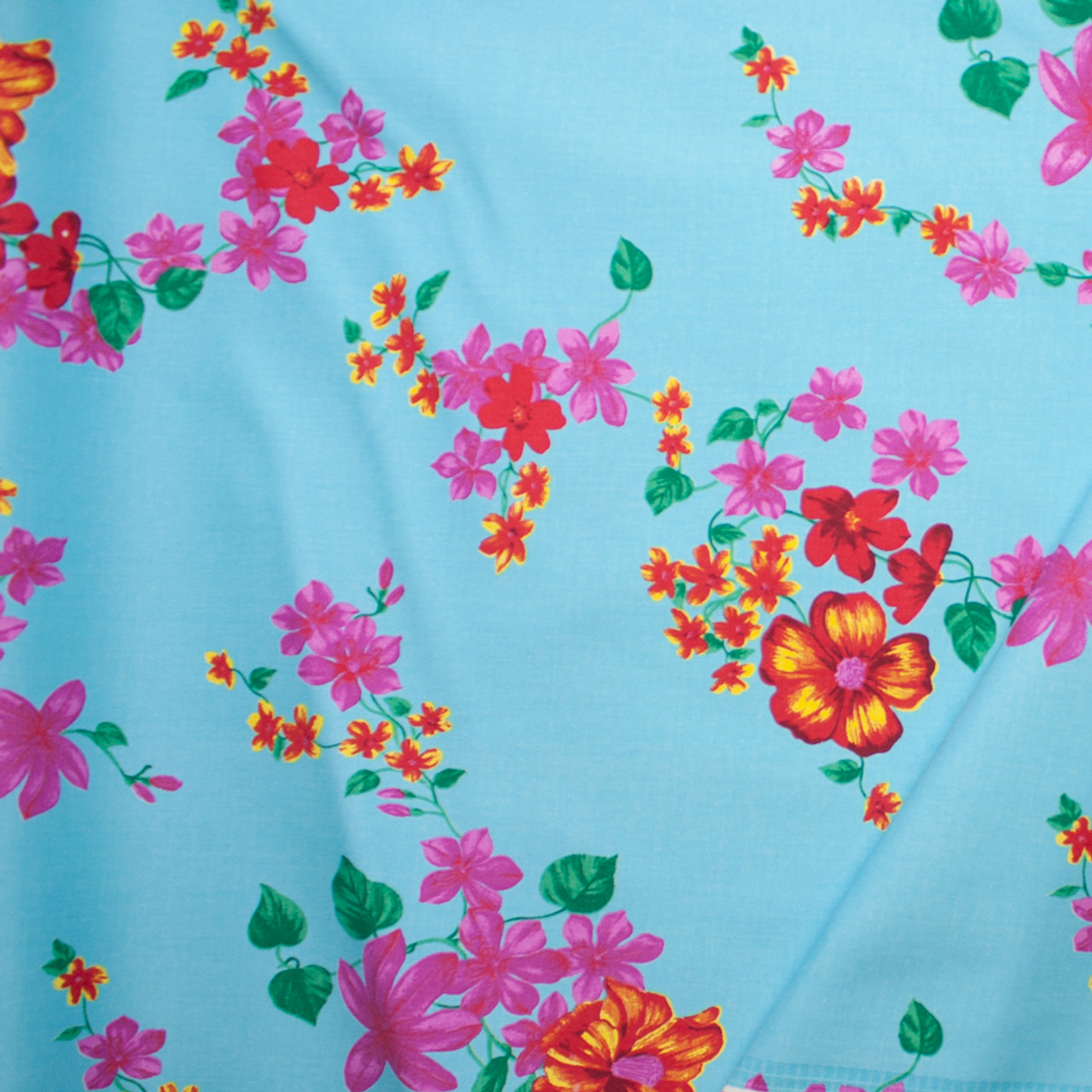 Cali Fabrics Pink, Red, and Yellow Floral on Bright Aqua Stretch Twill ...