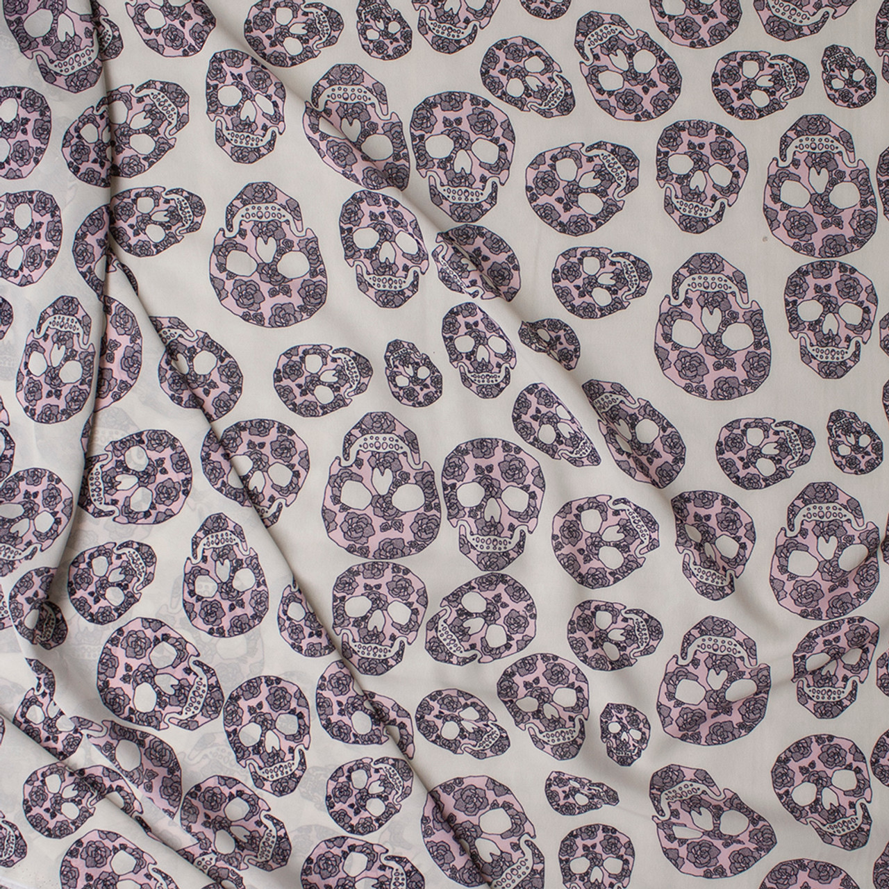Cali Fabrics Blush Flowery Skulls on Offwhite Chiffon Print Fabric by ...