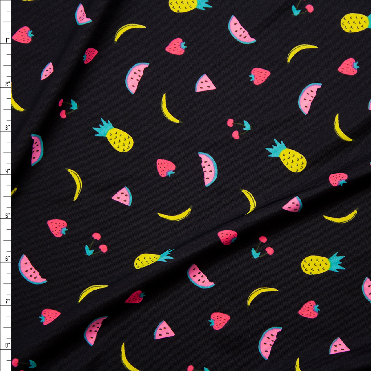 Cali Fabrics Neon Fruit on Black Stretch Nylon/Lycra Knit Fabric by the ...