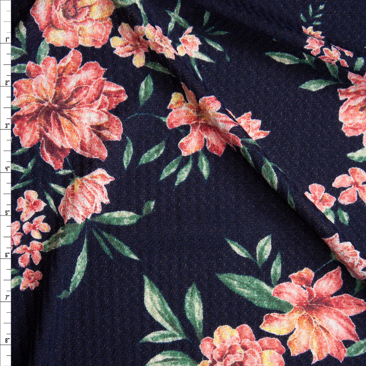 Cali Fabrics Pink, Green, and Yellow Floral on Navy Soft Waffle Sweater ...