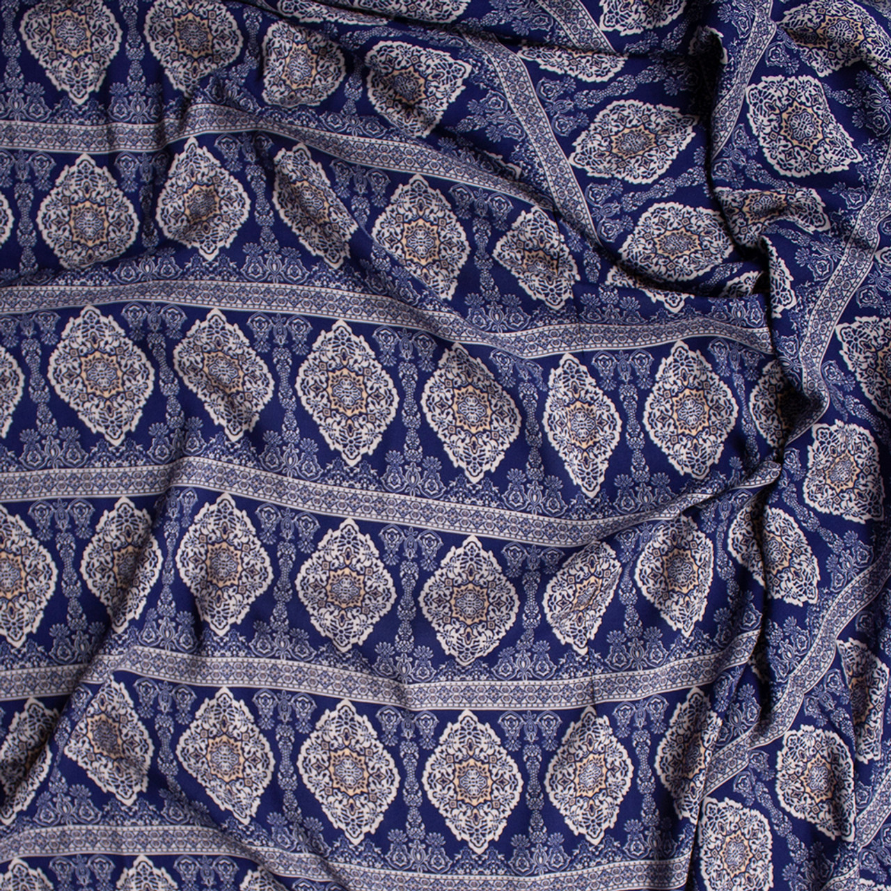 Cali Fabrics Blue, White, and Ivory Medallion Stripe Rayon Challis ...