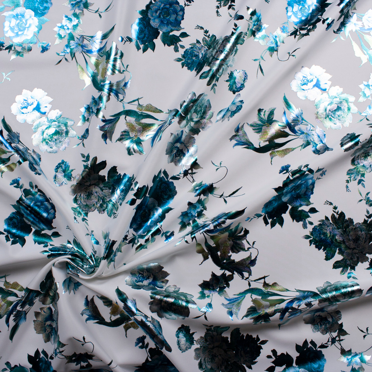 Cali Fabrics Metallic Teal Floral on White Scuba Knit Fabric by the Yard