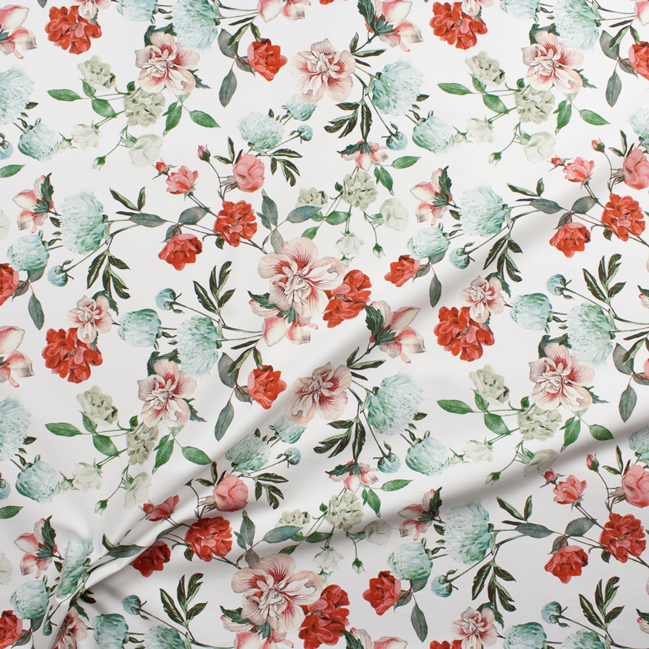 Cali Fabrics Red, Pink, and Aqua Floral on White Designer Stretch Sateen  Fabric by the Yard