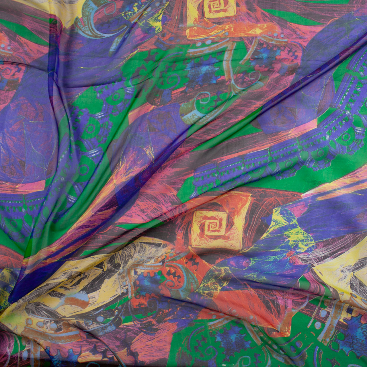 Cali Fabrics Multicolor Abstract on Green Designer Silk Chiffon Fabric ...