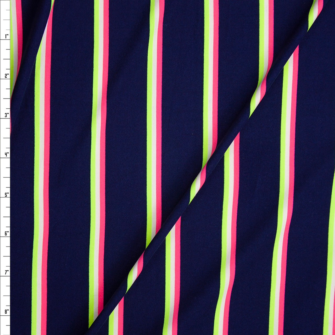 Neon Pink, Yellow, and White Stripes on Navy Double Brushed Poly