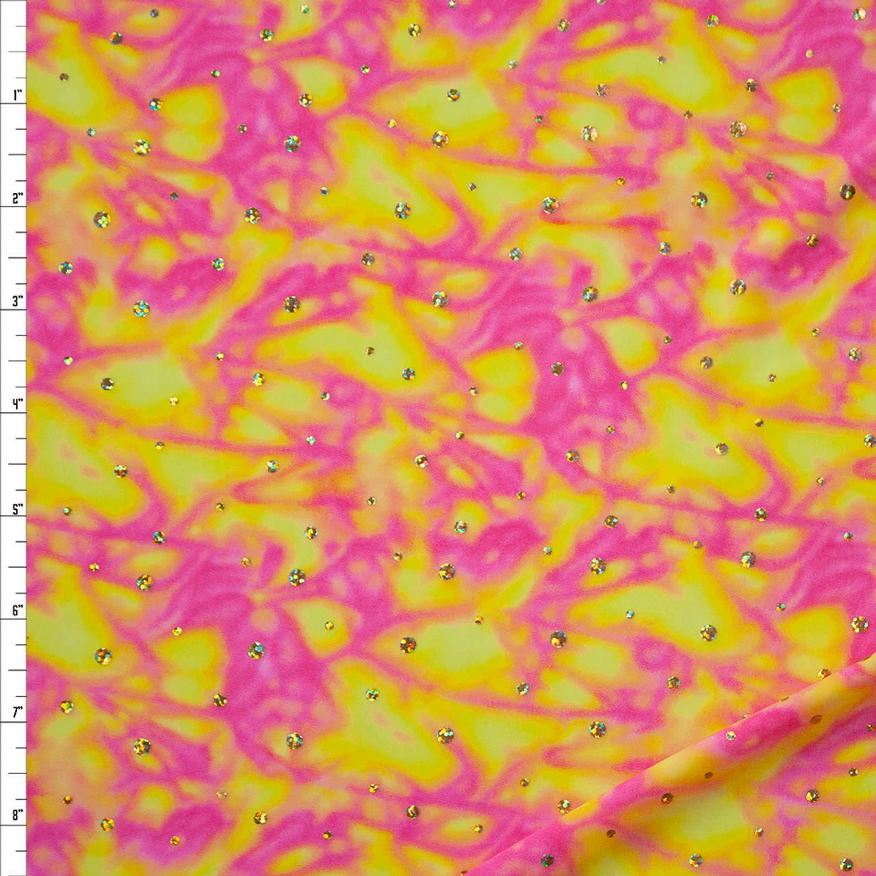 Cali Fabrics Holographic Gold Sequins on Yellow and Neon Pink Tie Dye Nylon/Spandex  Fabric by the Yard