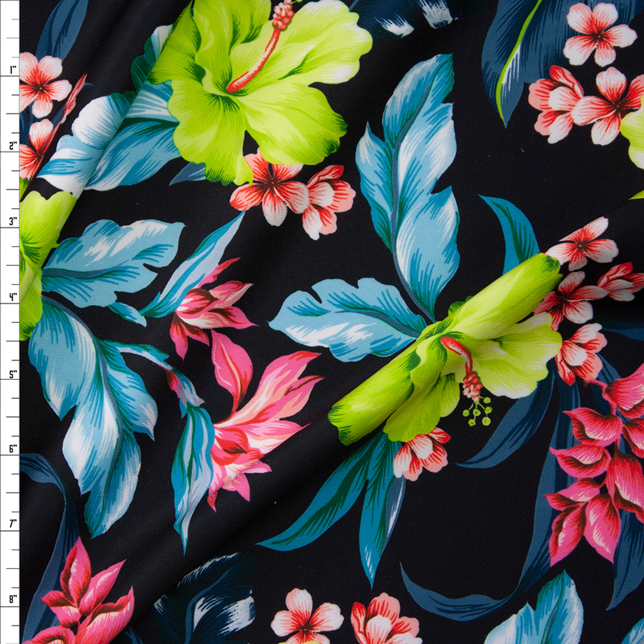 Cali Fabrics Bright Lime and Teal Hawaiian Floral on Black Scuba Knit ...