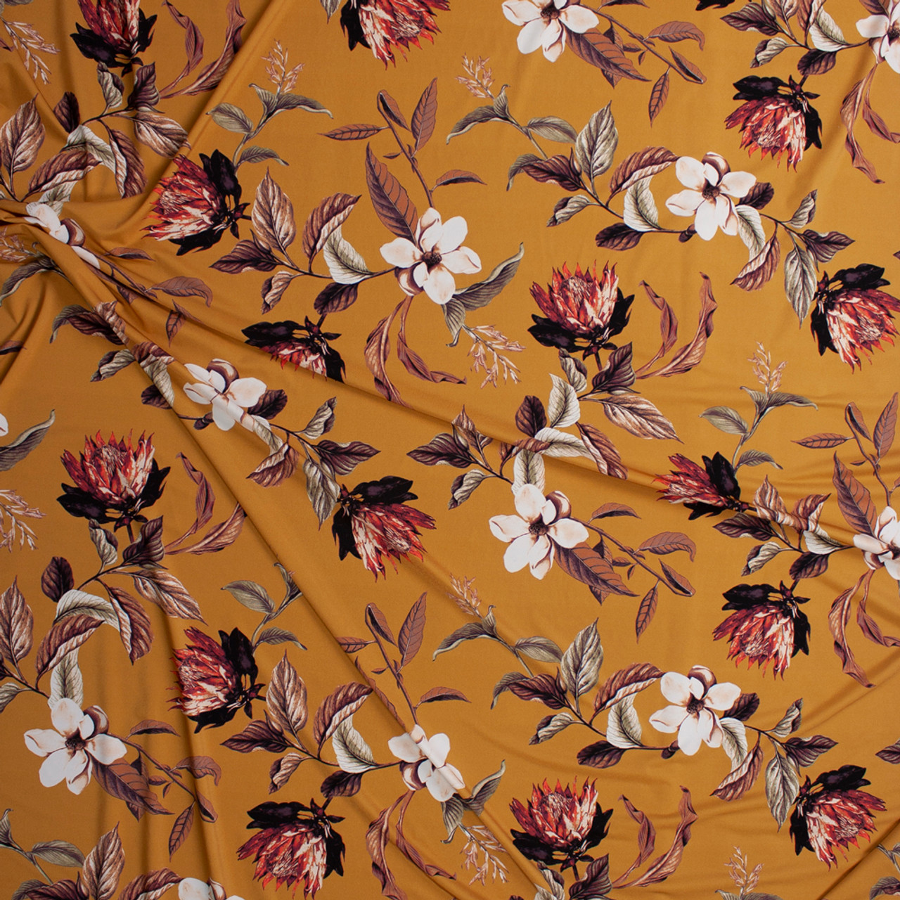 Cali Fabrics Burnt Orange, Taupe, and Offwhite Floral on Mustard ...