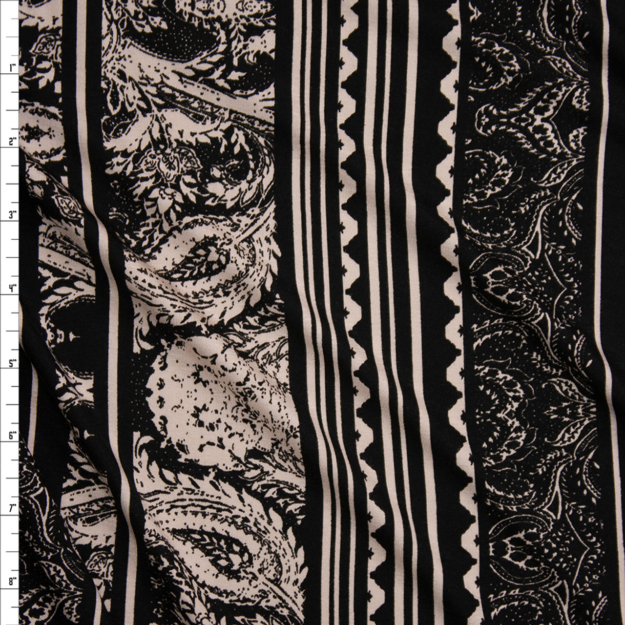 Cali Fabrics Ivory and Black Vertical Paisley Stripe Stretch Rayon ...