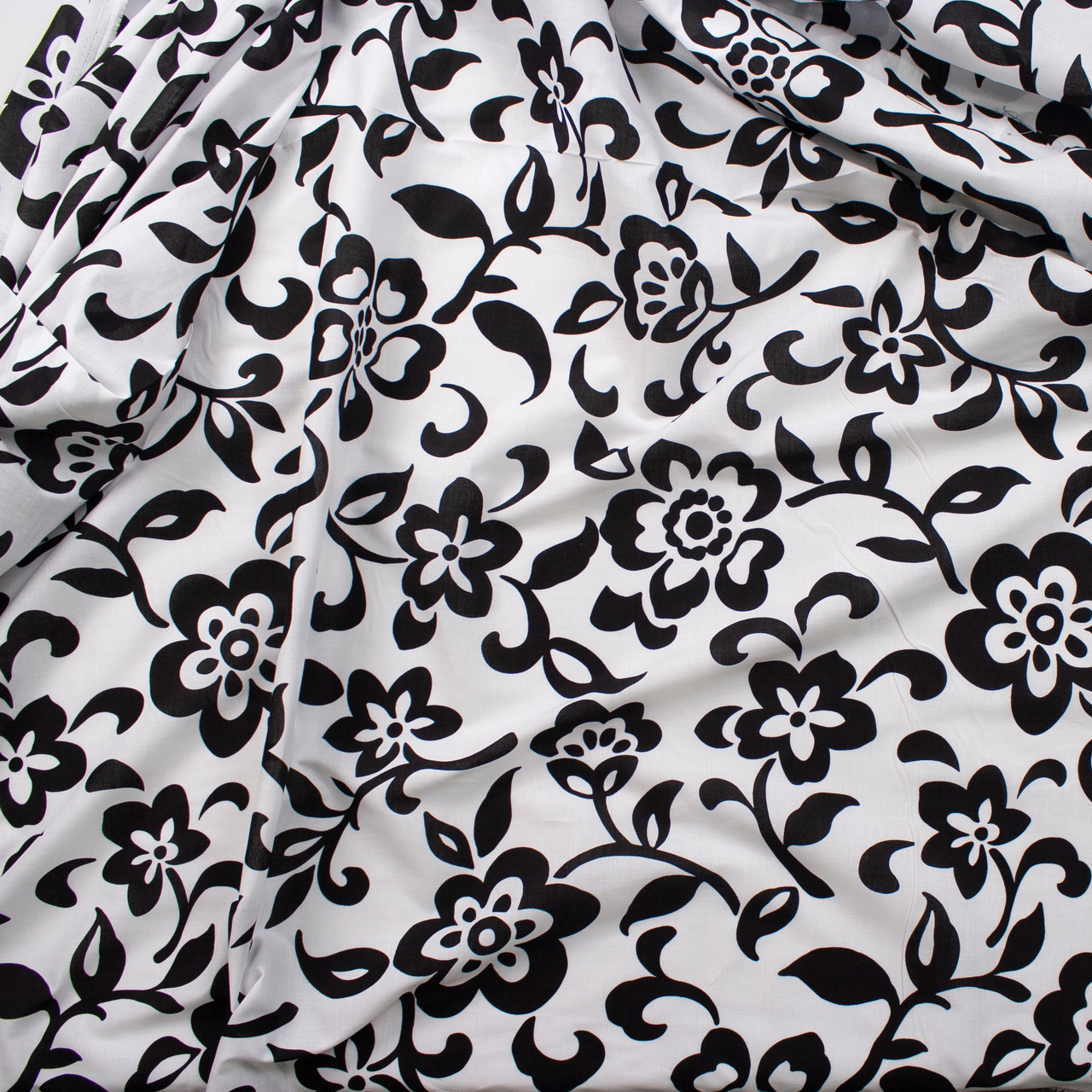 Cali Fabrics Black Scrolling Floral on White Cotton Lawn Fabric by the Yard