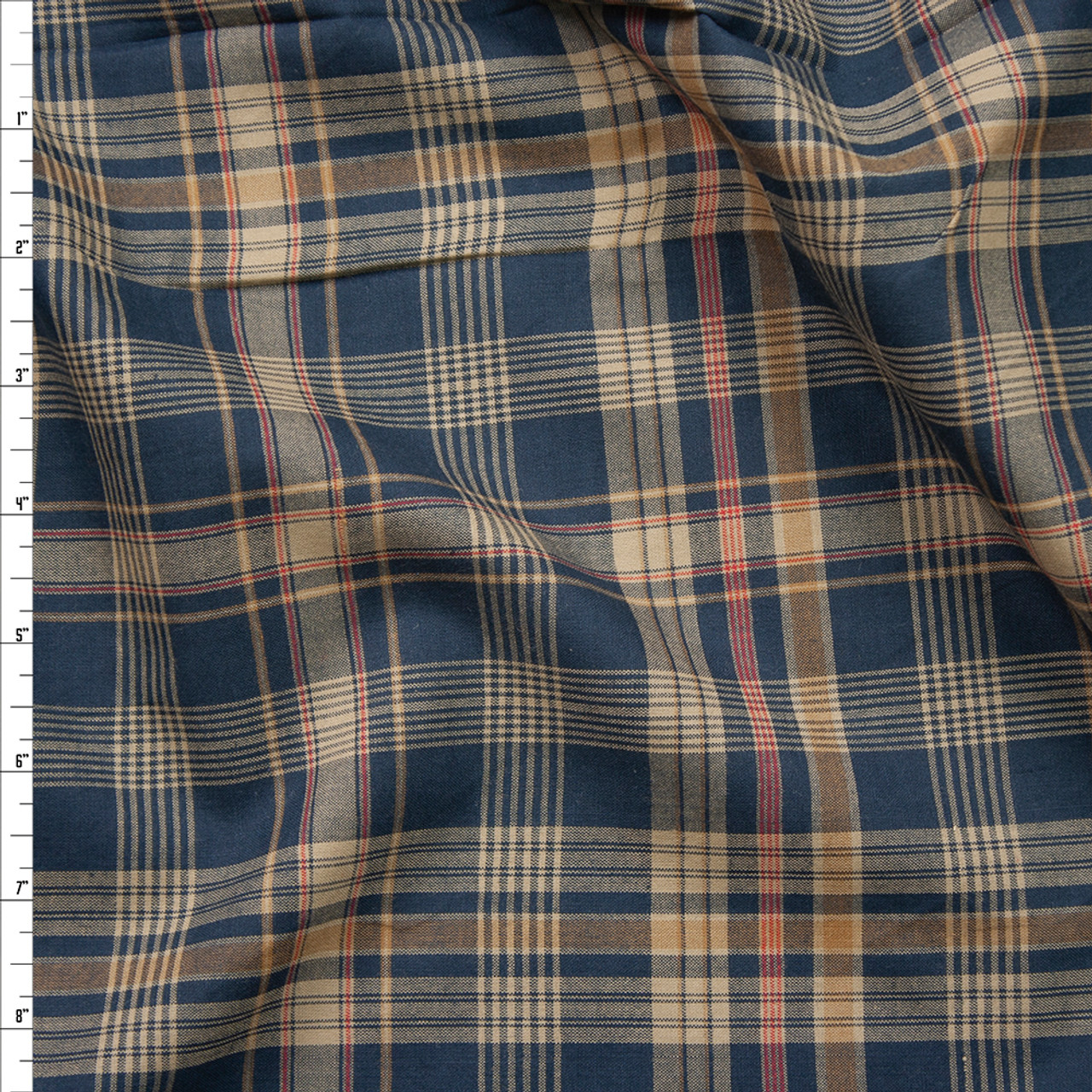 Cali Fabrics Navy, Tan, and Red Plaid Cotton Shirting Fabric by the Yard