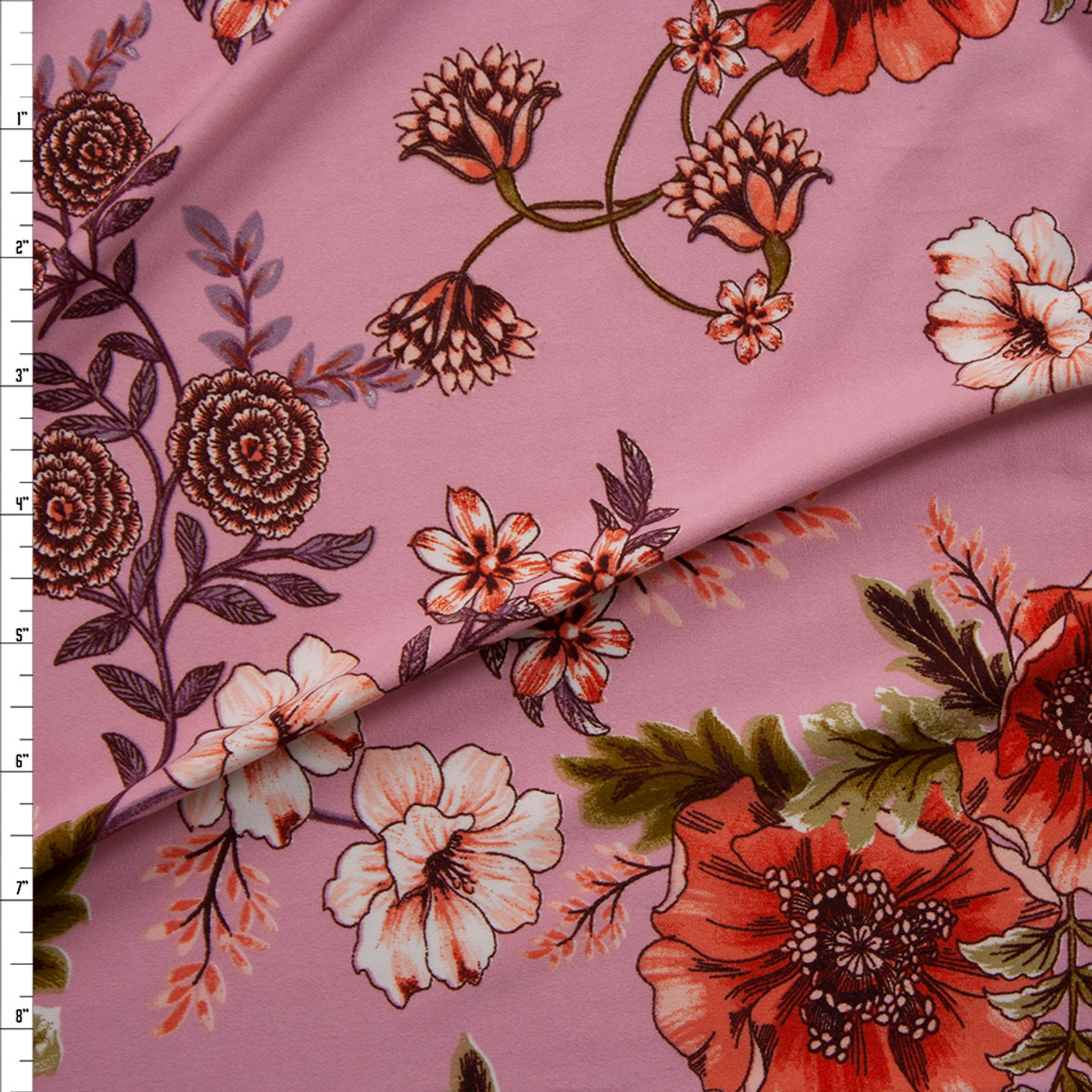 Cali Fabrics Scrolling Orange, Plum, and Green Floral on Pink