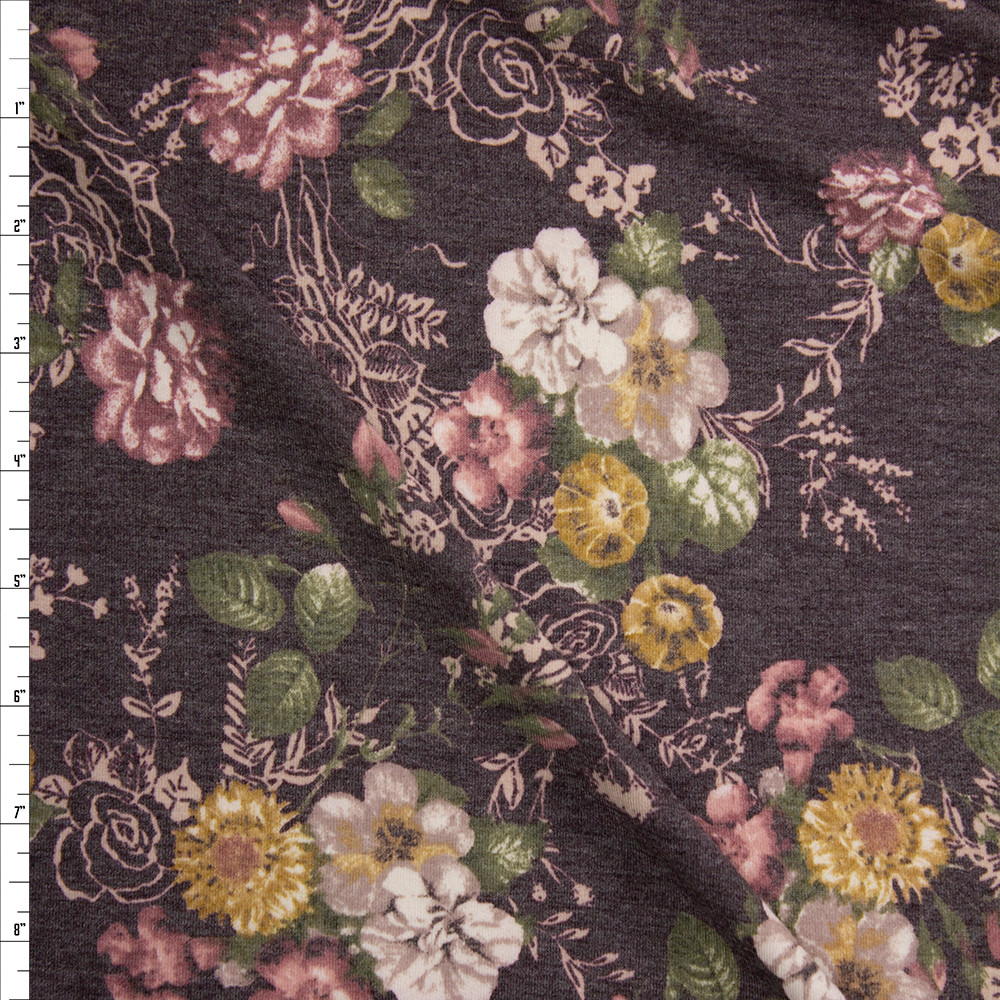 Cali Fabrics Mauve, Ivory, and Mustard Floral on Brown Stretch