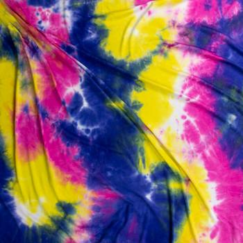 Hot Pink, Royal, and Bright Yellow Tie Dye Stretch Rayon Jersey Fabric By The Yard - Wide shot