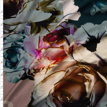 Taupe and Emerald Diagonal Rose Floral Stripe Stretch Rayon Jersey Knit Fabric By The Yard