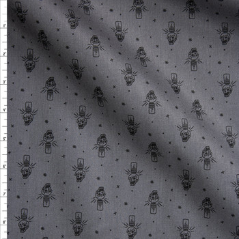 Black Skulls and Chef Hats on Grey Designer Cotton Twill Fabric By The Yard