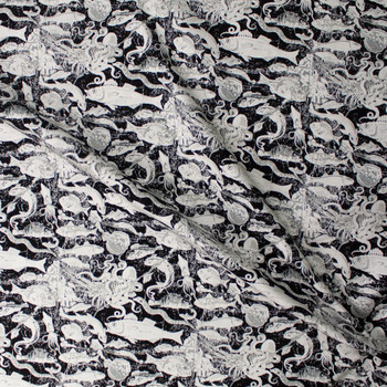 Grunge White Fish and Sea Creatures on Black Designer Cotton Twill Fabric By The Yard - Wide shot Grunge White Fish and Sea Creatures on Black Designer Cotton Twill Fabric By The Yard - Wide shot