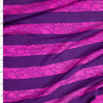 Purple and Hot Pink Horizontal Lace Stripe Lightweight Hacci Sweater Knit Fabric By The Yard