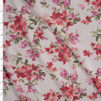 Red and Pink Paintbrush Floral on Offwhite Power Mesh Fabric By The Yard