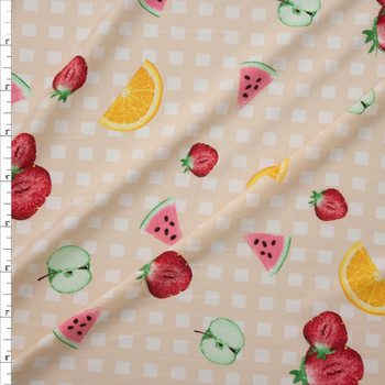 Fruit on Tan and White Gingham Fabric By The Yard