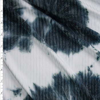 Navy and White Tie Dye Stretch Brushed Rib Knit Fabric By The Yard