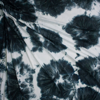 Navy and White Tie Dye Stretch Brushed Rib Knit Fabric By The Yard - Wide shot