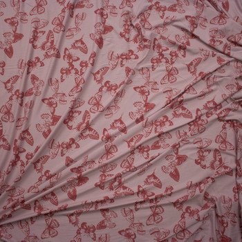 Red Butterflies on Pink Double Brushed Poly/Spandex Knit Fabric By The Yard - Wide shot