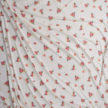 Bright Pink Floral on Warm White Brushed Stretch Rib Knit Fabric By The Yard - Wide shot