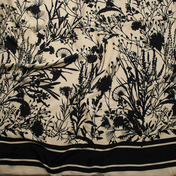 Black Wildflower Silhouettes on Soft Yellow Lightweight Rayon Sateen Fabric By The Yard - Wide shot