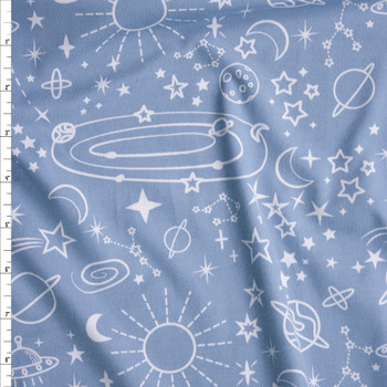 Stars, Planets, and Galaxies on Light Blue Double Brushed Poly/Spandex Fabric By The Yard