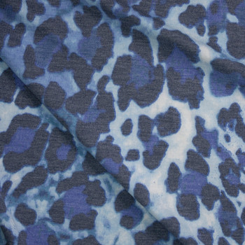 Blue Leopard Print Poly/Rayon French Terry Fabric By The Yard