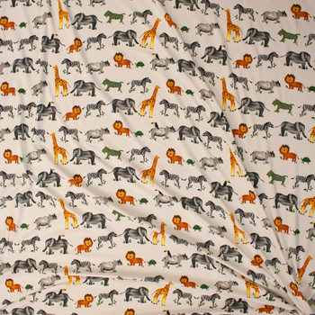 Zoo Animals on Warm White Double Brushed Poly/Spandex Fabric By The Yard - Wide shot