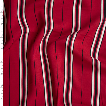 Red, White, and Black Stripe Rayon Challis Fabric By The Yard