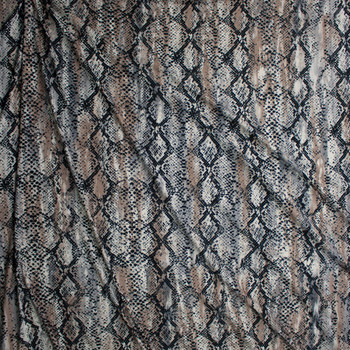Black Snakeskin on Tan and Grey Vertical Streaks Double Brushed Poly Fabric By The Yard - Wide shot