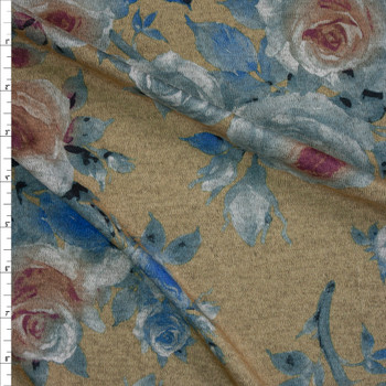 Grey, Wine, and Blue Rose Floral on Golden Yellow Designer Hacci Knit Fabric By The Yard