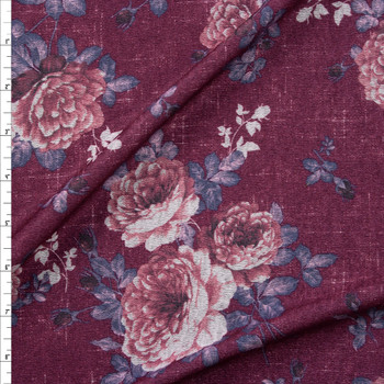Pink Antique Rose Floral on Wine Designer Hacci Knit Fabric By The Yard