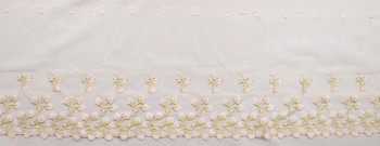 9" Pink and Gold Embroidered Lace on White Dotted Netting from ‘Hanky Panky’ Fabric By The Yard - Wide shot 9" Pink and Gold Embroidered Lace on White Dotted Netting from ‘Hanky Panky’ Fabric By The Yard - Wide shot