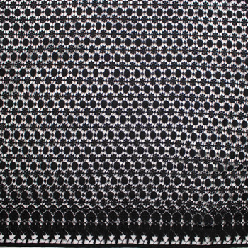 Black Dots and Flowers Border Pattern Designer Cotton Lace Fabric By The Yard - Wide shot