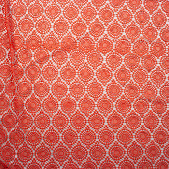 Red Orange Dots and Flowers Border Pattern Designer Cotton Lace Fabric By The Yard - Wide shot