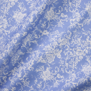 White Floral Scrollwork on Periwinkle Lightweight Stretch Cotton Sateen Fabric By The Yard