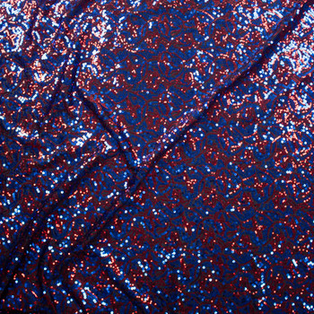 Red and Blue Abstract Sequin Pattern on Black Designer Sequin Fabric Fabric By The Yard - Wide shot