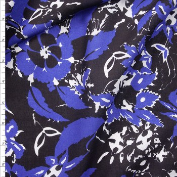 Blue and Black Floral Lightweight Cotton Lawn Fabric By The Yard